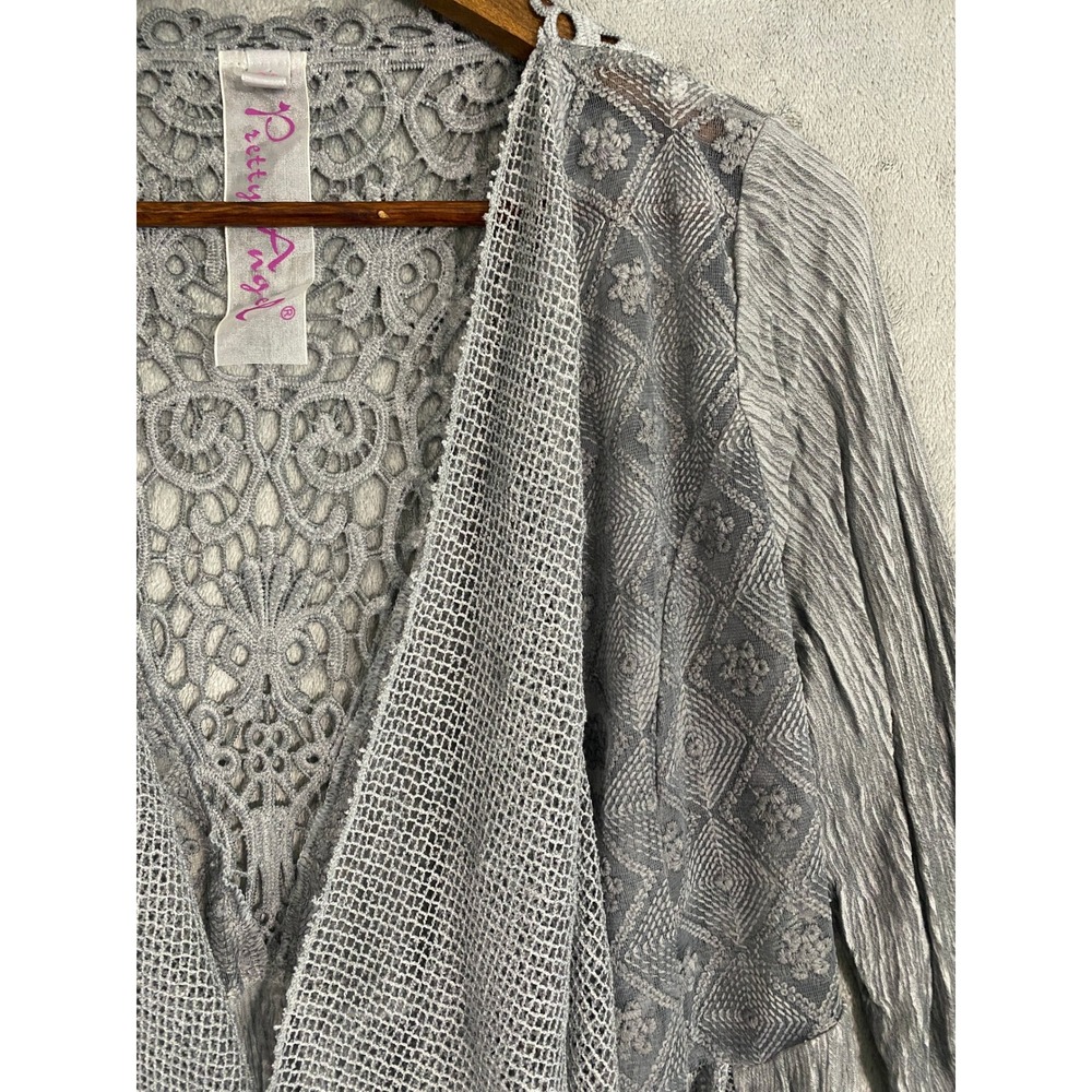 Pretty Angel Cardigan Sz M Gray Lace Crochet Crinkle Open Front Ethereal Fairy - Picture 2 of 13